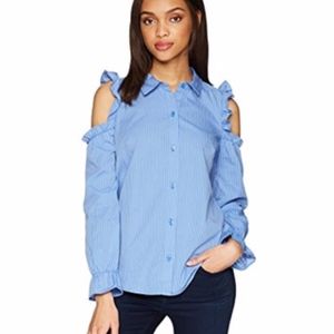 BCBGENERATION Cold-Shoulder Ruffled Pinstripe Shir